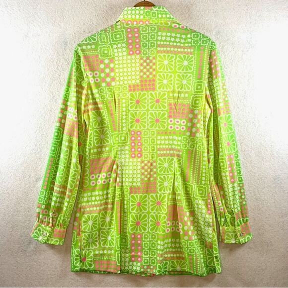 Vintage 70s Womens‎ Button Tunic Top Sz S Green Flower Power Twiggy Mod - Picture 7 of 14